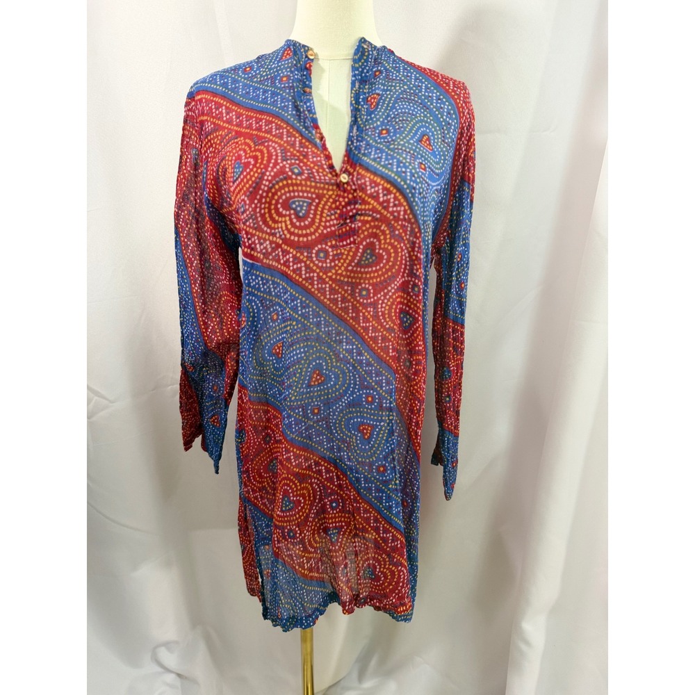 Red Blue Heart Paisley Cotton Tunic Top Boho Festival Travel Shirt Size Medium